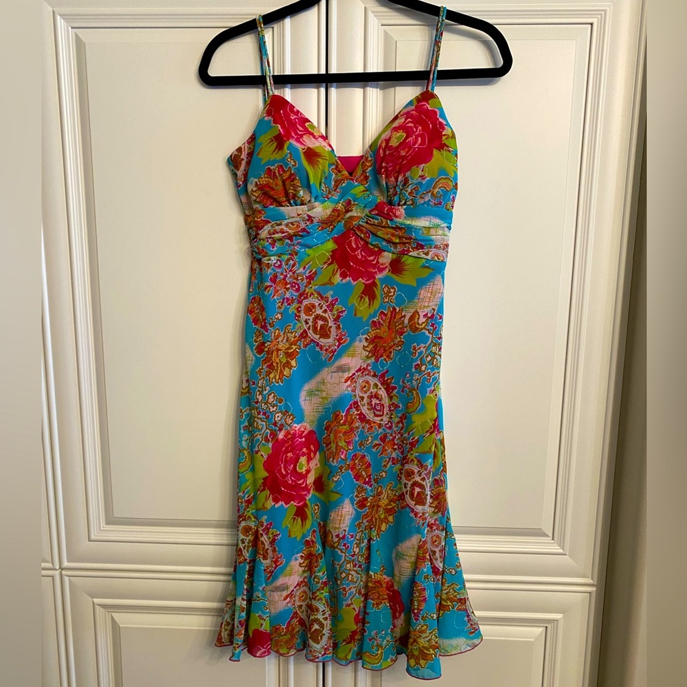 S.L. Fashions Sz 6 Blue Spaghetti Straps w/Floral Pattern Sundress Built-in Bra